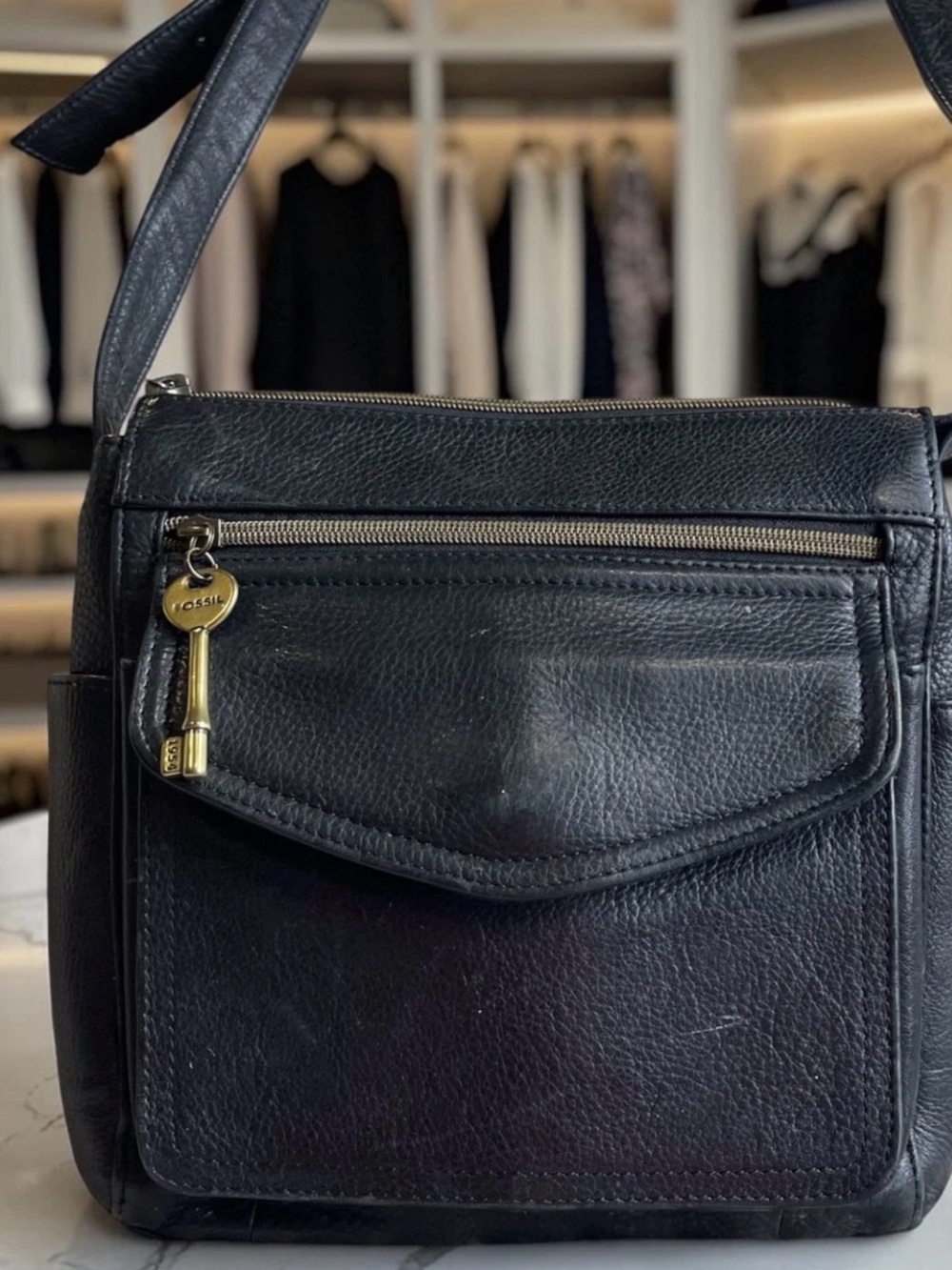 Fossil Black Leather Crossbody with Gold Key Charm